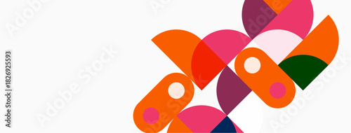 Abstract colorful shapes overlap, creating dynamic composition. Orange, pink, purple hues dominate white background. Modern design element.