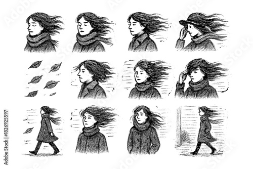 Woman walking in wind, sketch style: expressive and artistic series
