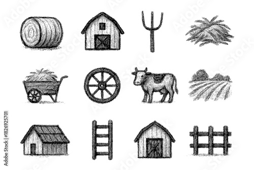 Rustic farm elements in charcoal sketch style featuring barns, hay, and farm animals