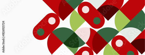Abstract geometric shapes overlap. Red, green, pink colors dominate white background. Modern design, simple composition.