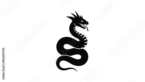 Black silhouette of a coiled serpent or dragon rising vertically with sharp head spikes and forked tongue, heraldic emblem, flat vector logo design, isolated on white background