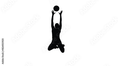 Black silhouette of a female athlete jumping high to spike or serve a volleyball, dynamic sports action, minimalist vector graphic design, isolated on white background