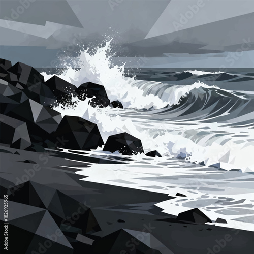 Illustration Of A Dark Rocky Beach, White Waves Crashing Hard Vector Design Template