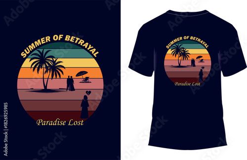 A striking retro-style graphic depicting a scene of heartbreak and betrayal on a tropical beach at sunset. Features a broken-hearted silhouette standing alone while a couple embraces nearby. 