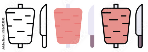 Shawarma Kebab Icon Set in Outline, Color & Flat Style
