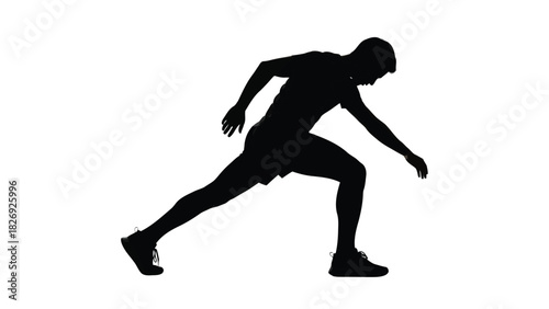 Dynamic male athlete silhouette in a low starting position, poised and ready to sprint or lunge forward, showcasing strength and agility, flat vector illustration., isolated on white background