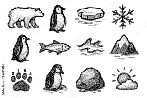 Chalk style arctic animals and elements set for winter designs