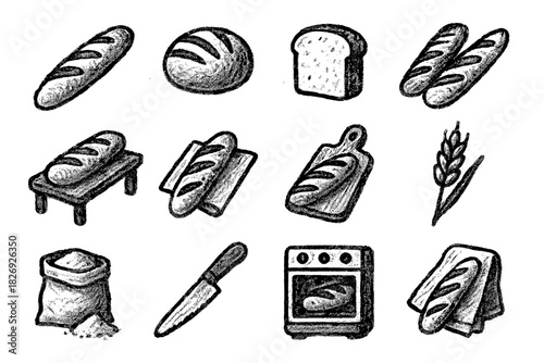 Rustic bakery elements with breads, baking tools, and ingredients in hand-drawn style