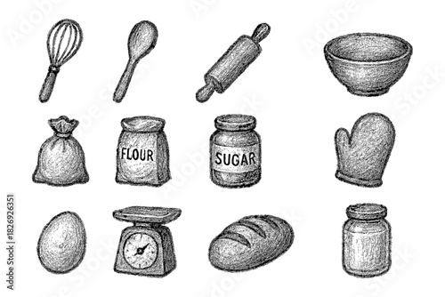 Hand-drawn baking utensils and ingredients set for kitchen art projects