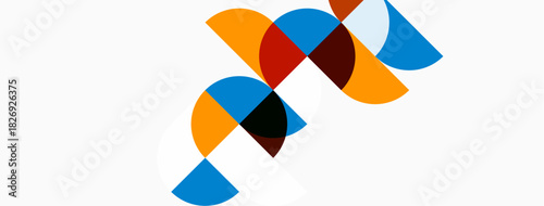 Abstract geometric shapes overlap, creating vibrant color blocks. Composition features orange, blue, red, black elements on white background.