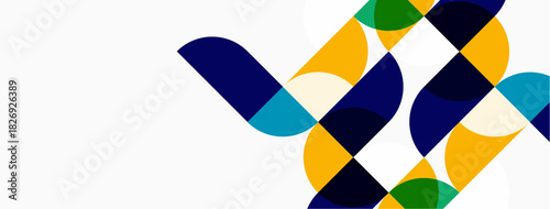 Abstract geometric shapes overlap, creating vibrant pattern. Colors include blue, yellow, green, white. Modern design element.