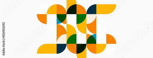 Abstract geometric composition. Circles overlap, creating dynamic visual pattern. Warm colors dominate, with contrasting dark accents. Modern design.