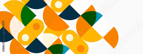 Abstract geometric shapes overlap. Orange, teal, cream colors create modern design. Minimalist composition, playful aesthetic.