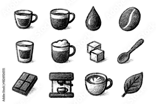 Hand drawn coffee icons set featuring cups, beans, and accessories