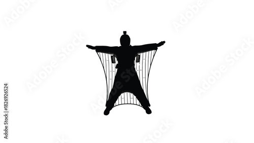 Black silhouette of a wingsuit skydiver flying with arms outstretched, extreme sports icon, minimalist vector art, graphic design element, isolated on white background