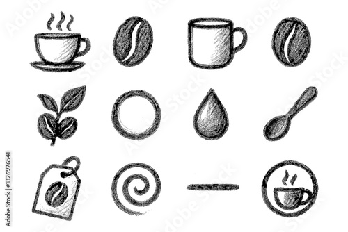 Chalk style coffee icons: cups, beans, and accessories in hand-drawn design