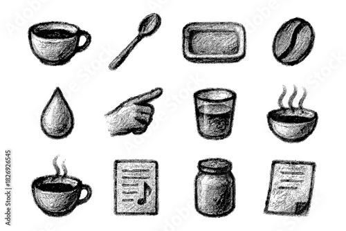 Chalk art icons: coffee, kitchen, music, and more in hand-drawn style