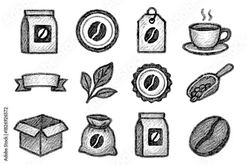 Chalk style coffee icons set with beans, cup, and labels on white background