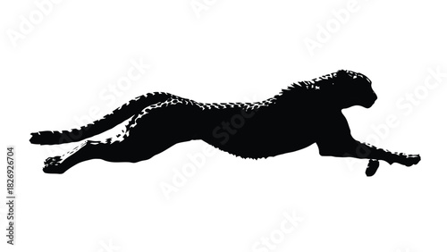 Dynamic black silhouette of a running cheetah mid-stride with spotted texture detail, powerful wildlife graphic, flat vector art, logo design, isolated on white background