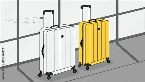 Travel suitcases in airport terminal window with airplane taking off, symbolizing vacation and journey concept, vector design.