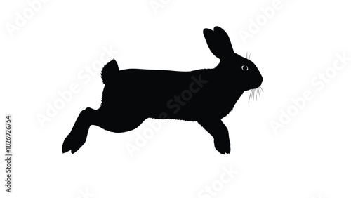 Black silhouette of a running rabbit in mid-air leap, dynamic animal motion graphic, simple flat vector art design, isolated on white background