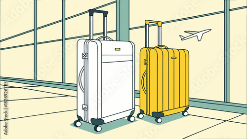 Pair of suitcases by airport terminal window, airplane taking off, representing travel, vacation, and journey concept, vector illustration.
