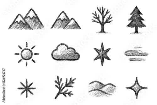 Hand drawn nature icons: mountains, trees, sun, and cloud in pencil sketch style