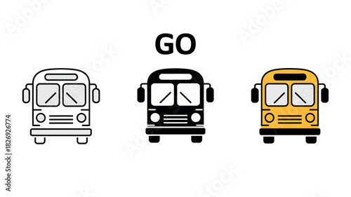 Three distinct icons of buses, one black and white outline, one solid black, and one yellow school bus, with the word 'GO' above the central bus.
