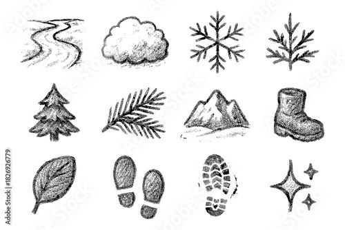 Chalk drawn winter and nature icons including mountains and snowflakes