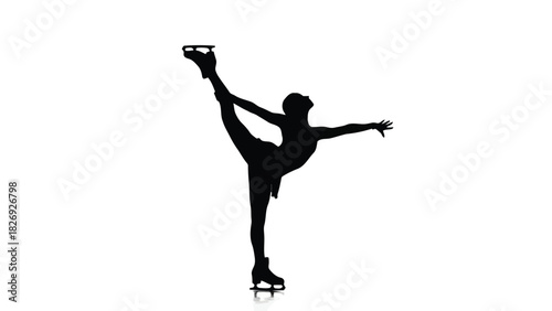 Elegant female figure skater silhouette performing a perfect split leap pose on ice skates, dynamic sports concept, clean vector art, graphic icon design, isolated on white background
