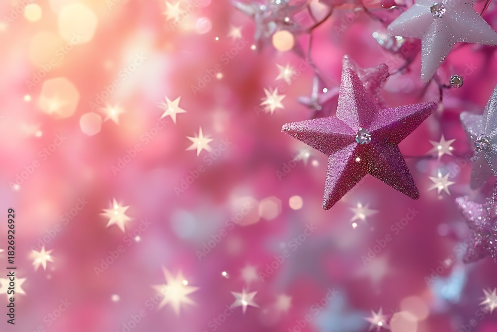 Fototapeta premium Glittery holiday stars on a bright pink background create a festive atmosphere