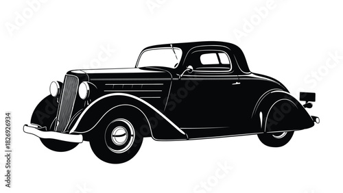 Classic American Vintage Coupe Automobile Side View Silhouette, Retro Transportation Icon, Black and White Vector Art, Logo Design Element, isolated on white background