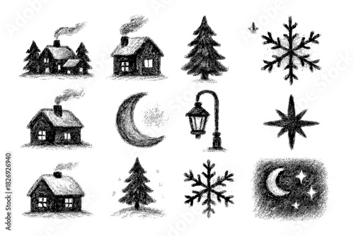 Chalk style winter elements: snowy houses, pine trees, and moonlit night imagery