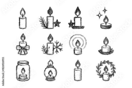 Hand-drawn candle set with festive decorations and simple charcoal style
