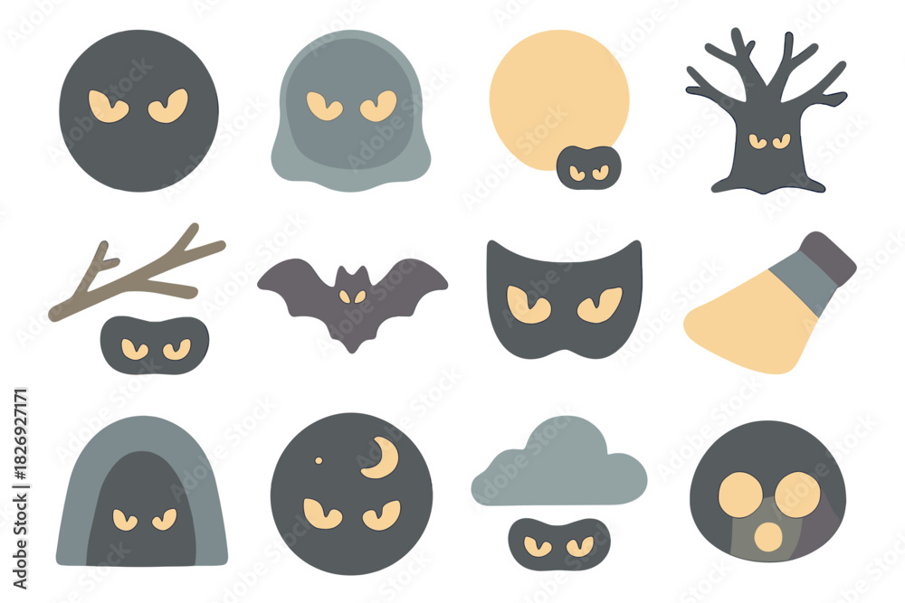 Fototapeta premium Spooky halloween icons: ghosts, bats, and mysterious eyes in flat style