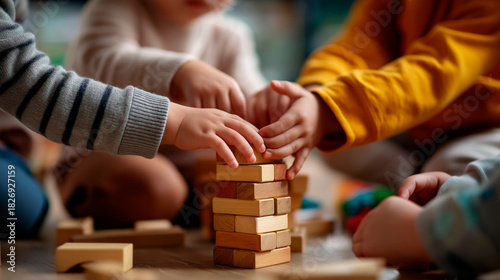 Happy diverse collective of preschool youngsters sit on floor building towers faceless children defocused background colorful wooden blocks construction collaborative play