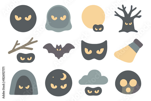 Spooky halloween icons: ghosts, bats, and mysterious eyes in flat style