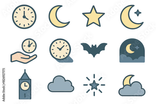 Minimalist nighttime icons: clocks, moons, stars, clouds, and more