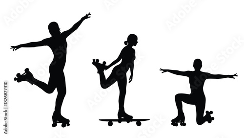 Set of three female roller skating silhouettes performing dynamic poses, including balancing and stretching on quad skates, flat vector art, isolated on white background