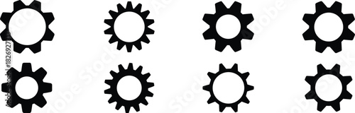 Set of diverse black silhouette gear icons, industrial cogwheel collection, mechanical engineering technology element, vector illustrations.