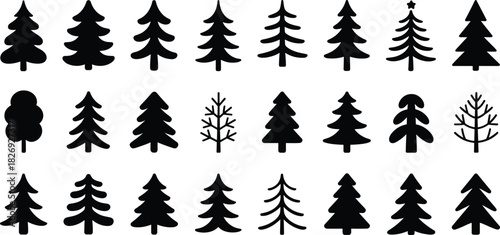 Pine tree silhouette collection, diverse evergreen tree icons, winter forest vector set, minimalist nature shapes for design, black tree illustrations