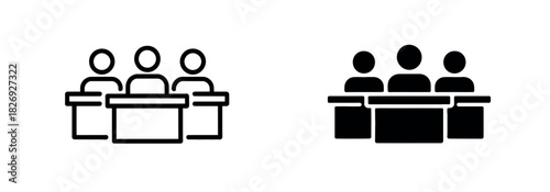 Three stylized figures sit behind desks, representing a committee meeting or a panel discussion in an abstract representation.