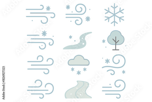Minimalist weather icons set featuring wind, snow, and winter elements