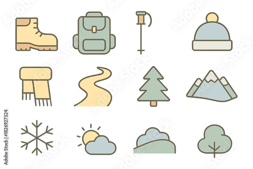 Minimalist outdoor and hiking icon set for winter adventures