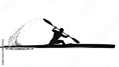 Silhouette of athletic kayaker paddling intensely, creating a dramatic water splash and ripples, dynamic sports vector art, graphic design element, isolated on white background