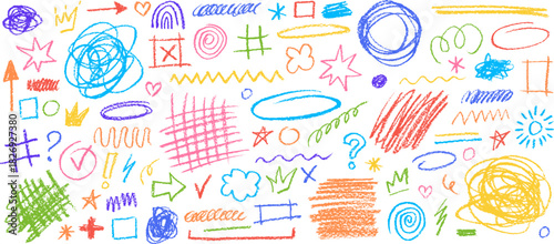 Hand drawn colored pencil scribbles, rough sketch stars, and underlines. Grunge chalk graphics elements, colorful charcoal arrows, circles and squiggles, abstract crayon textured doodles vector set