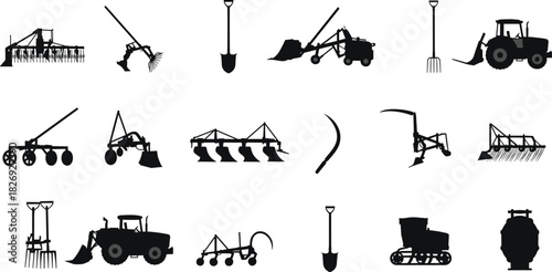 Agricultural tool silhouettes, farming equipment icons, tractor vector, plow illustration, black design, rural machinery, seeders, pitchforks, shovel shapes, cultivation concept