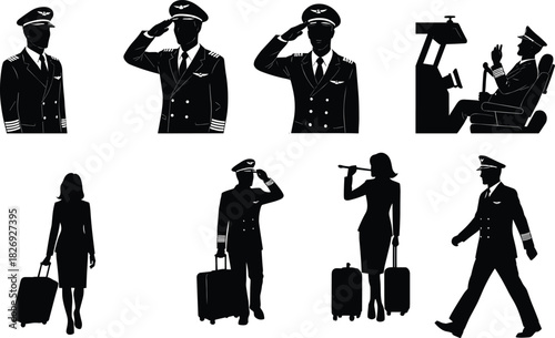 Airline pilots, cabin crew, flight attendants, cockpit control, professional uniform, aviation workers, travel passengers, luggage icons, airplane captain, airport staff silhouettes
