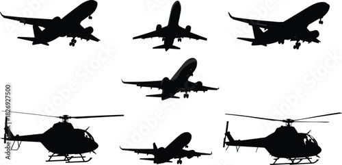Airplane and helicopter silhouettes, flying aircraft collection, black vector planes, aviation clipart set, transport icons, aviation industry graphics, flying machines