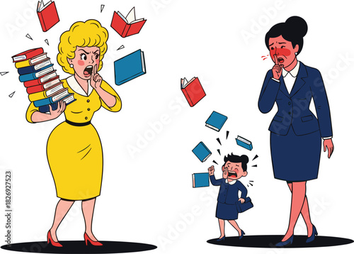 Angry teacher scolding noisy student with books flying, shocked woman and crying child, school discipline, education, classroom scene, cartoon style.